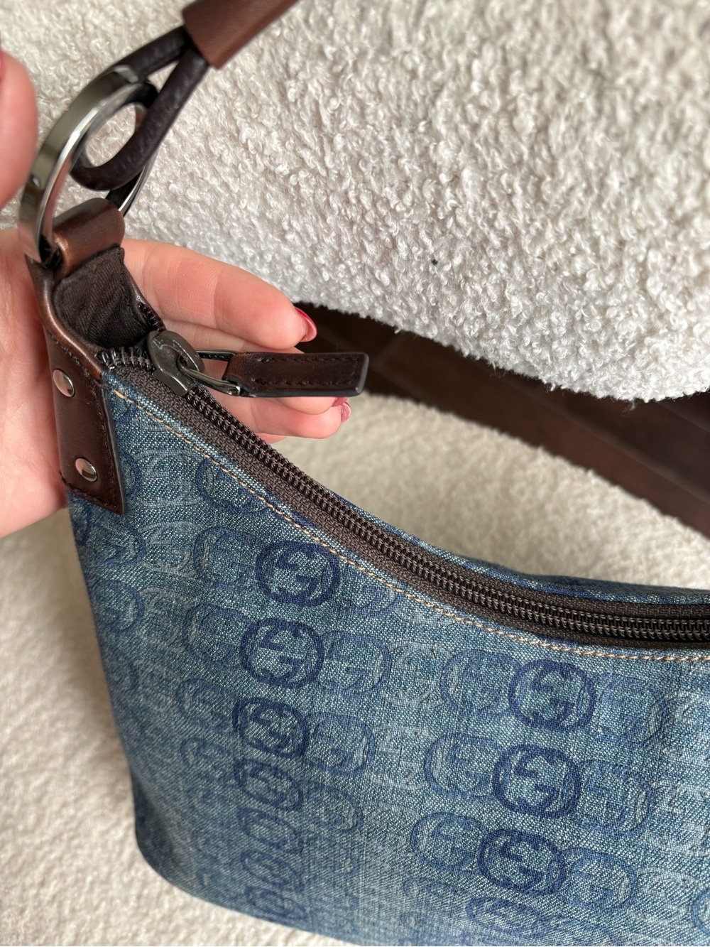 Gucci Blue Denim Monogram Shoulder Bag with Brown Leather Trim - Picture 3 of 12